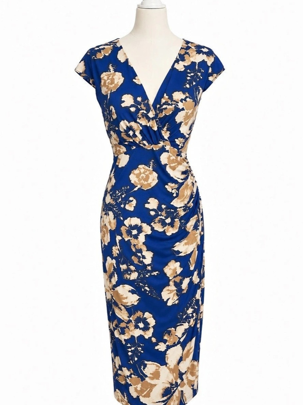 Lauren Ralph Lauren Dress Womens 2 Blue Floral Ruched V Neck Midi Sheath Stretch